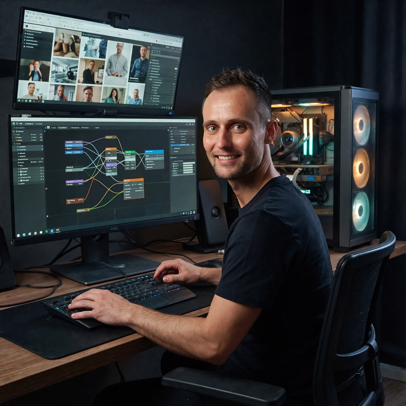 Kovács Krajcsovics Balázs in his studio, with AI workflows on the monitor